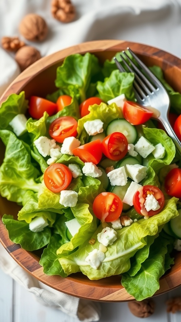 Butter Lettuce Salad Recipe A fresh butter lettuce salad with cherry tomatoes, cucumber, and feta cheese in a wooden bowl.